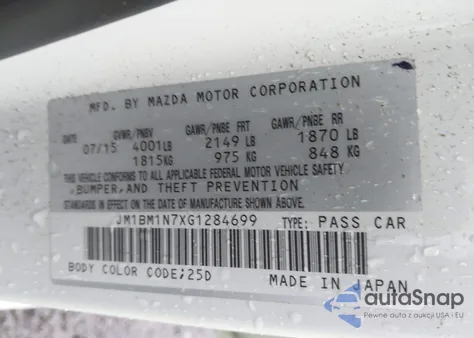 2016 Mazda Mazda3 I Grand Touring from USA, damaged, VIN JM1BM1N7XG1284699